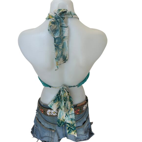 Teal Green Bandana Halter Crop Top One Size Festival Western Handcrafted NEW - Picture 3 of 4